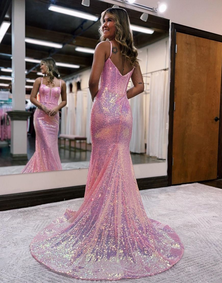Pretty Mermaid Spaghetti Straps Long Glitter Prom Dress