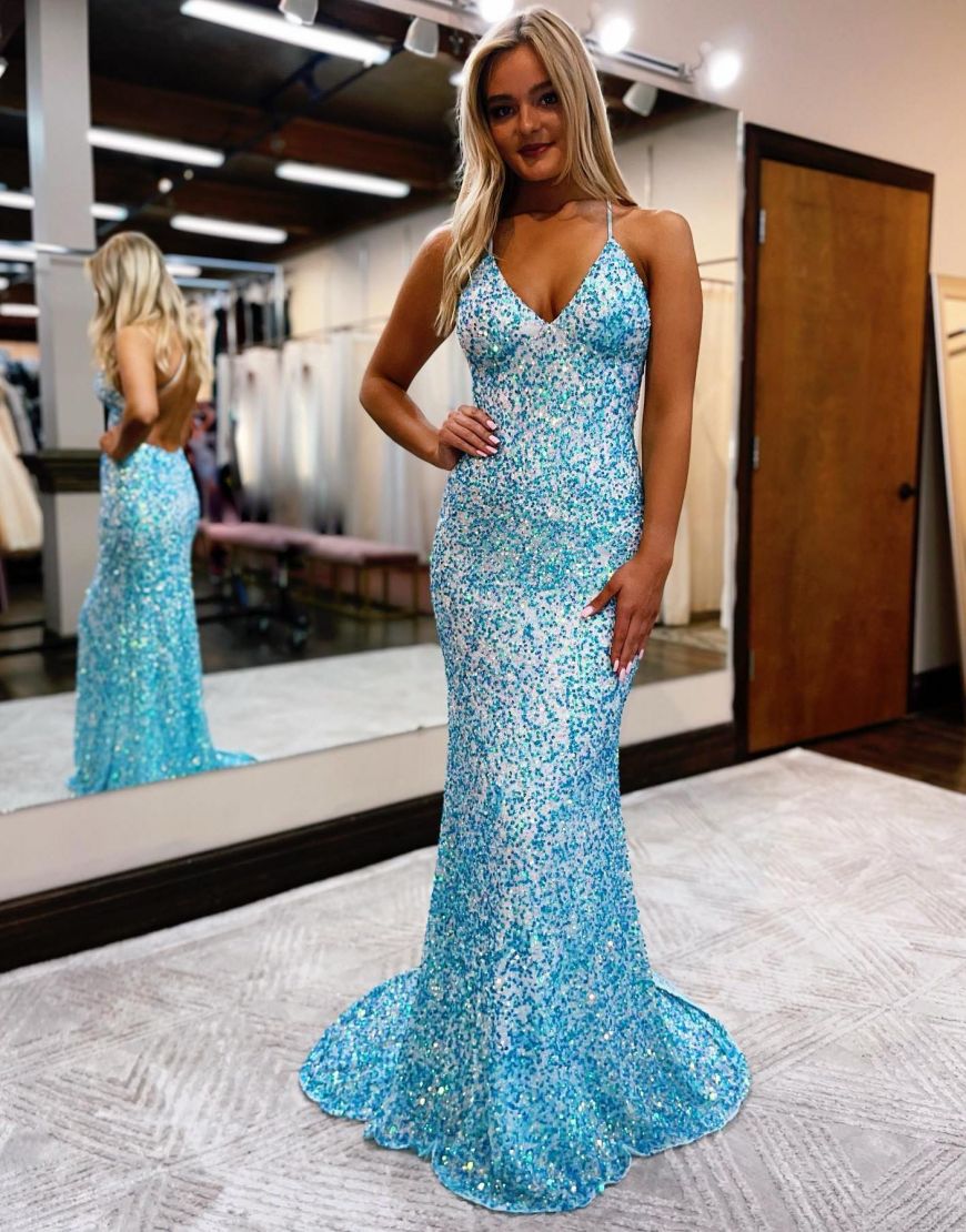Pretty Sparkly Sequin Open Back Long Glitter Prom Dress