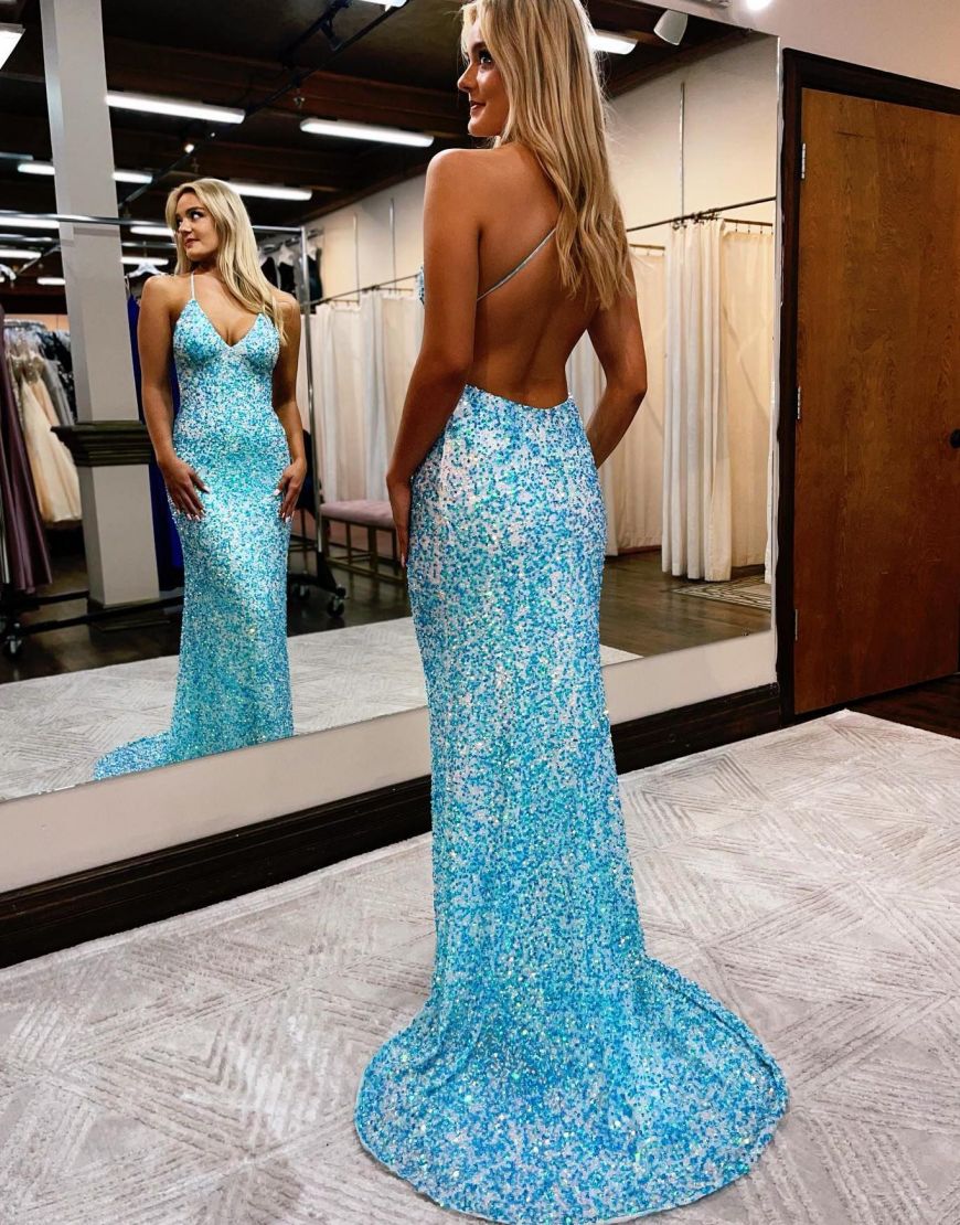Pretty Sparkly Sequin Open Back Long Glitter Prom Dress