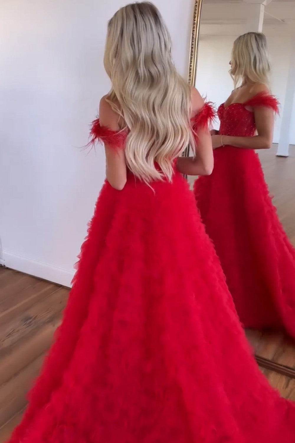 Princess A-Line Feather Straps Long Ruffle Prom Dress With Split