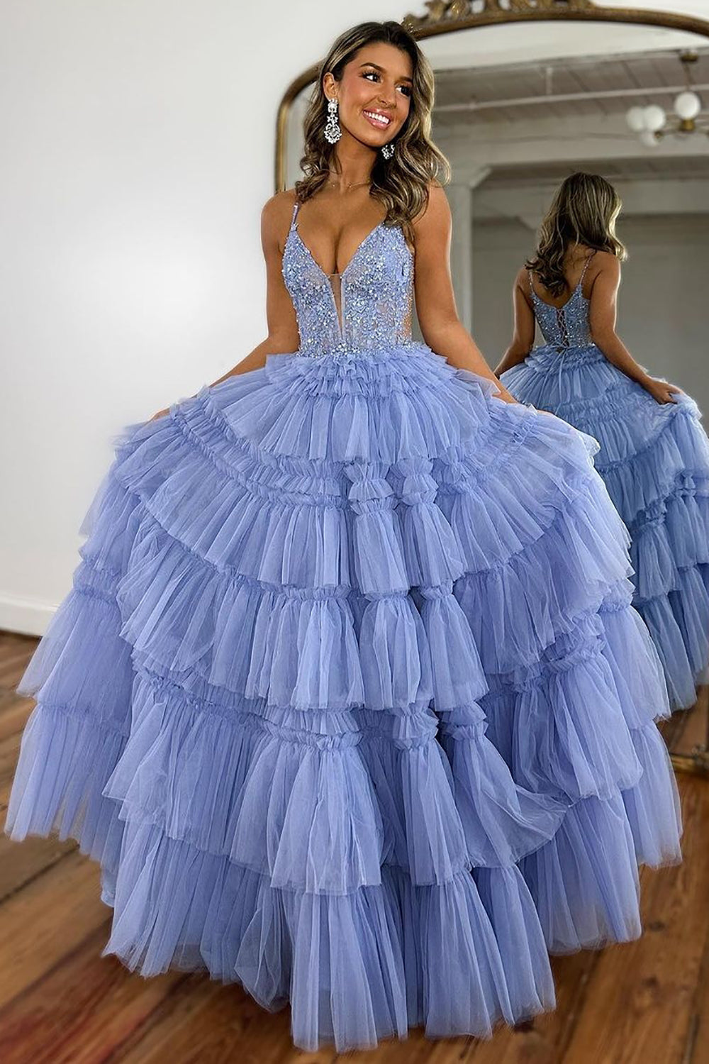 Princess Glitter A-Line Spaghetti Straps Long Tiered Prom Dress