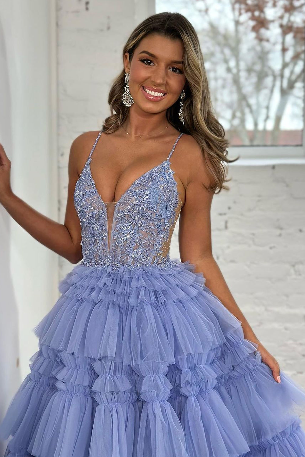 Princess Glitter A-Line Spaghetti Straps Long Tiered Prom Dress