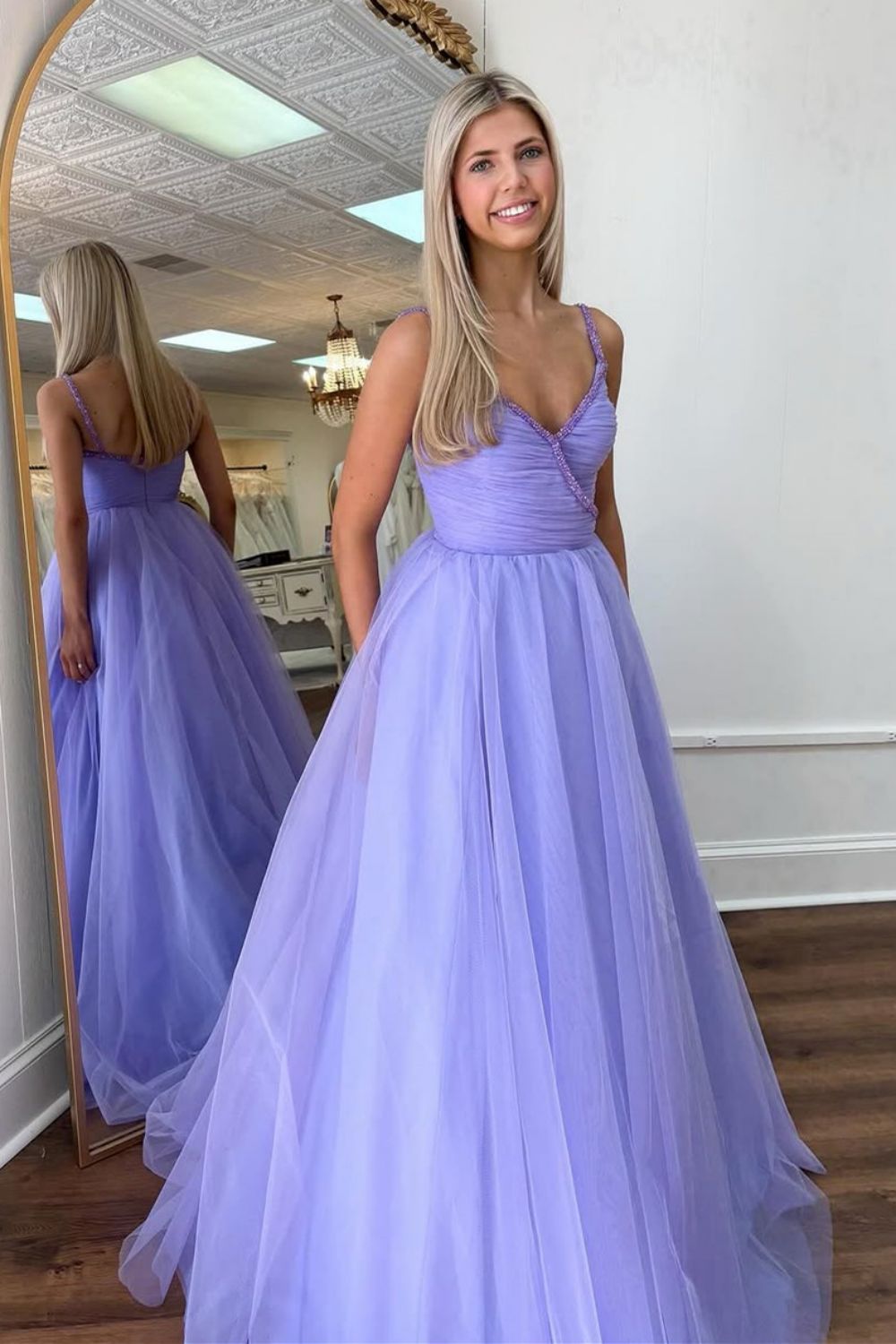 Purple Princess A-Line Spaghetti Straps Long Tulle Prom Dress