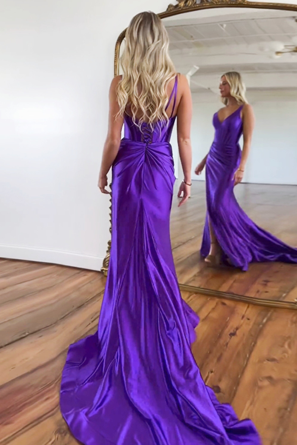Purple Satin V-Neck Sweep Train Mermaid Prom Dress With Slit