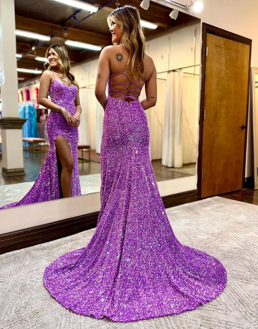 Purple Mermaid Corset Back Long Prom Dress With Split