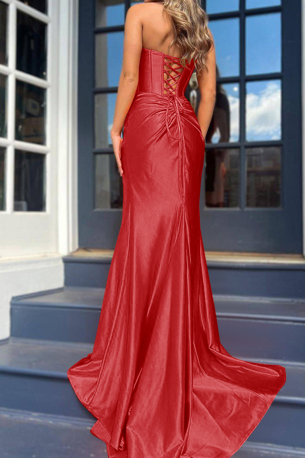 Mermaid Satin Strapless Lace Up Long Prom Dress With Slit