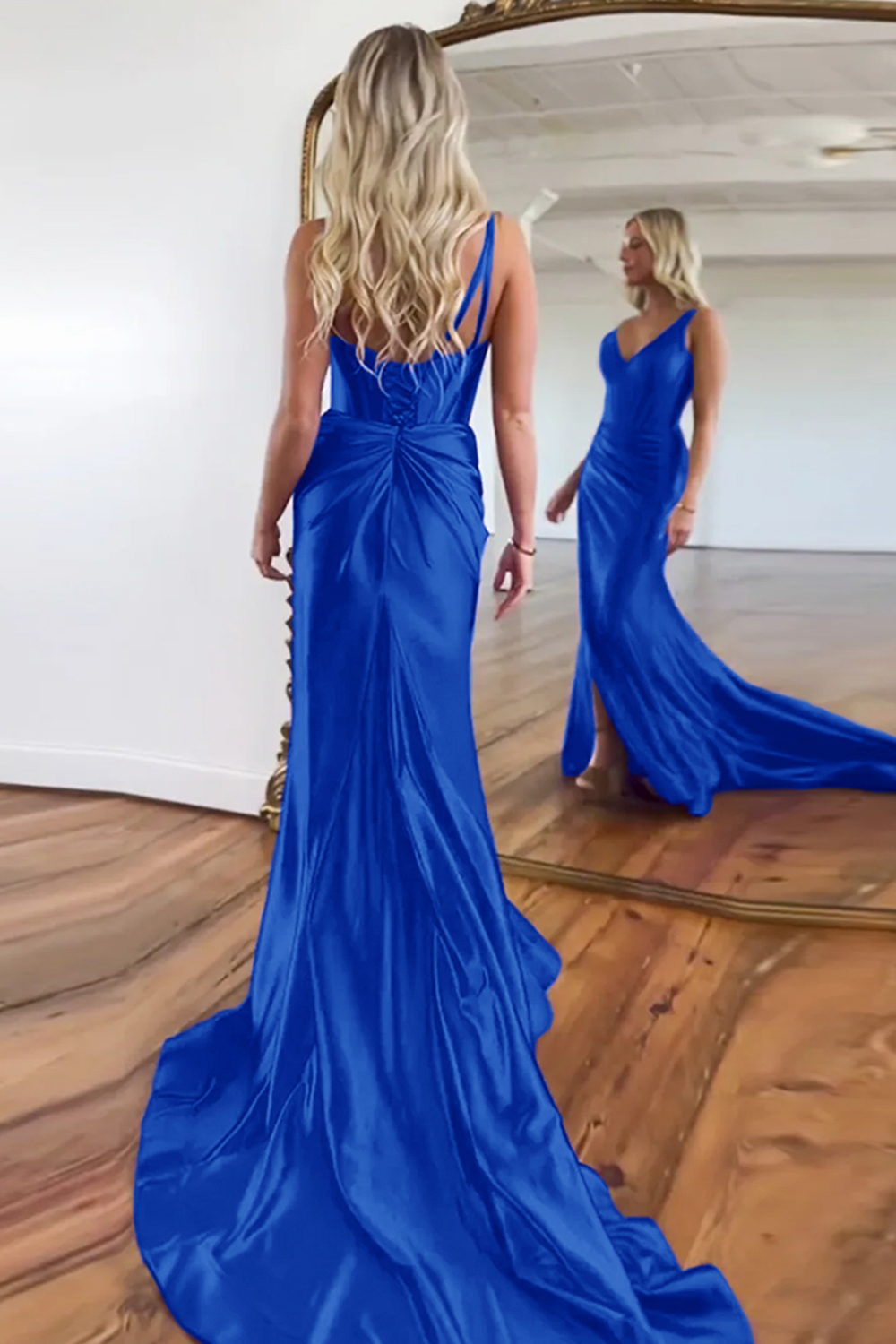 Purple Satin V-Neck Sweep Train Mermaid Prom Dress With Slit