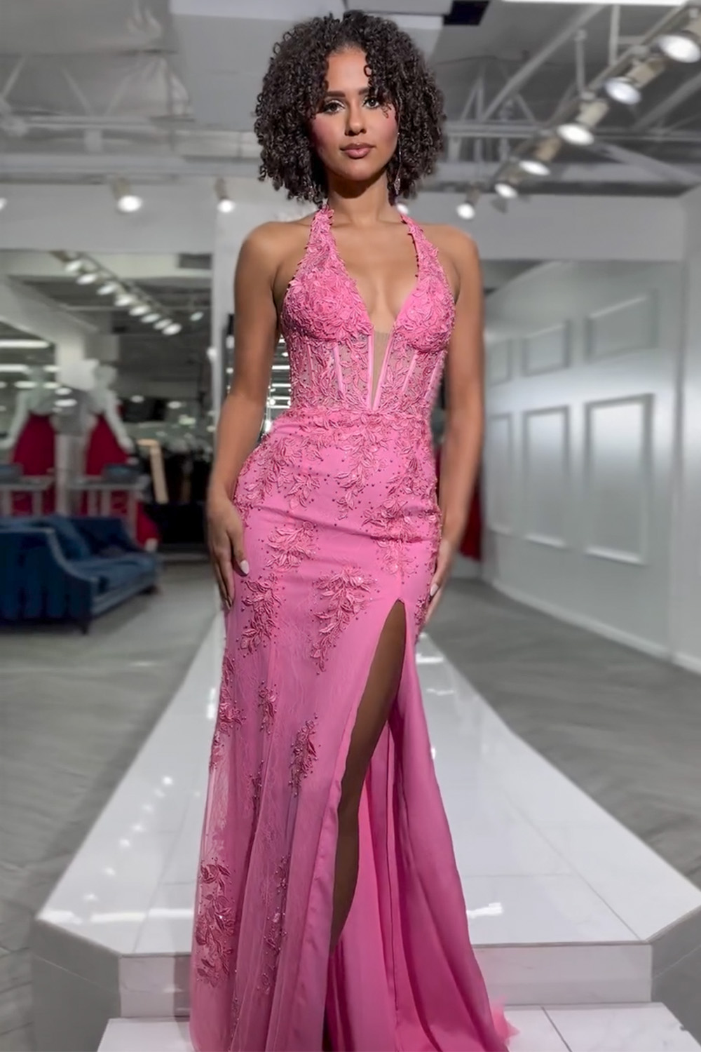 Red Mermaid Deep V-Neck Long Lace Prom Dress With Split