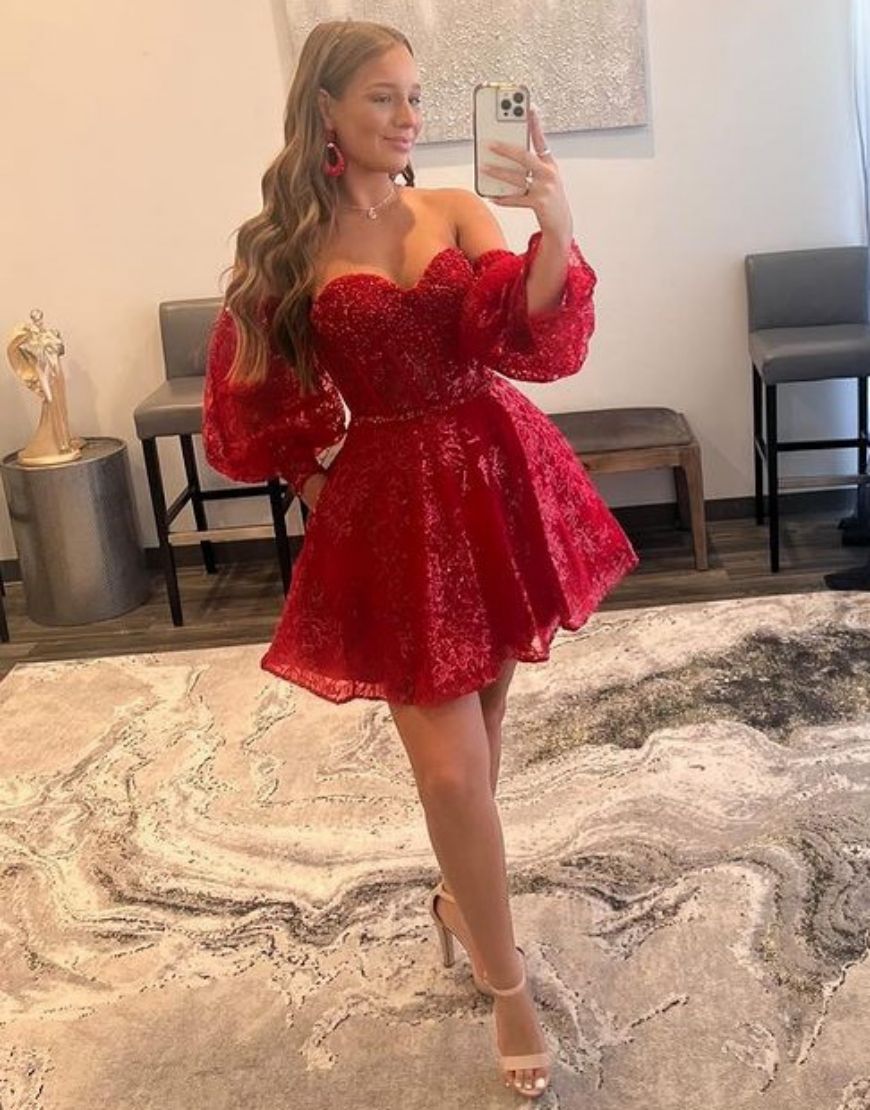 Blue A-Line Lace Homecoming Dress With Detachable Sleeves