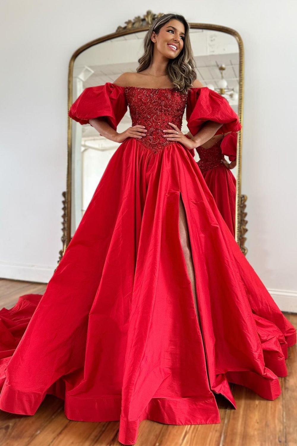 A-Line Off The Shoulder Puff Sleeves Long Red Satin Prom Dress With Split