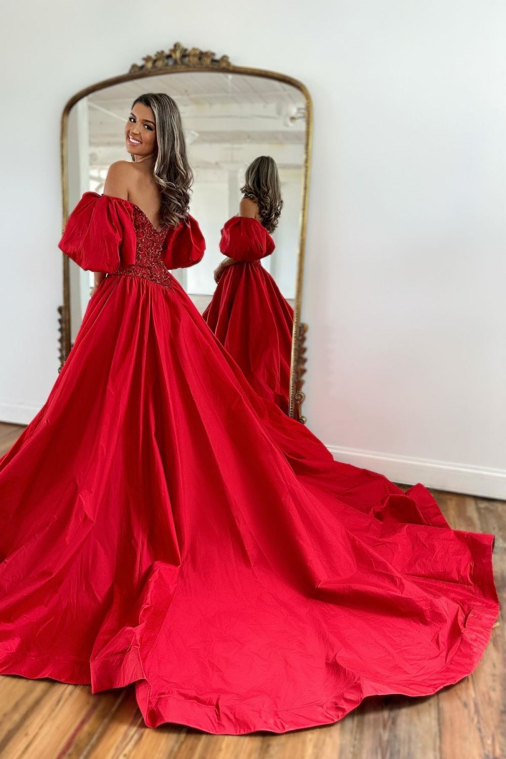 A-Line Off The Shoulder Puff Sleeves Long Red Satin Prom Dress With Split