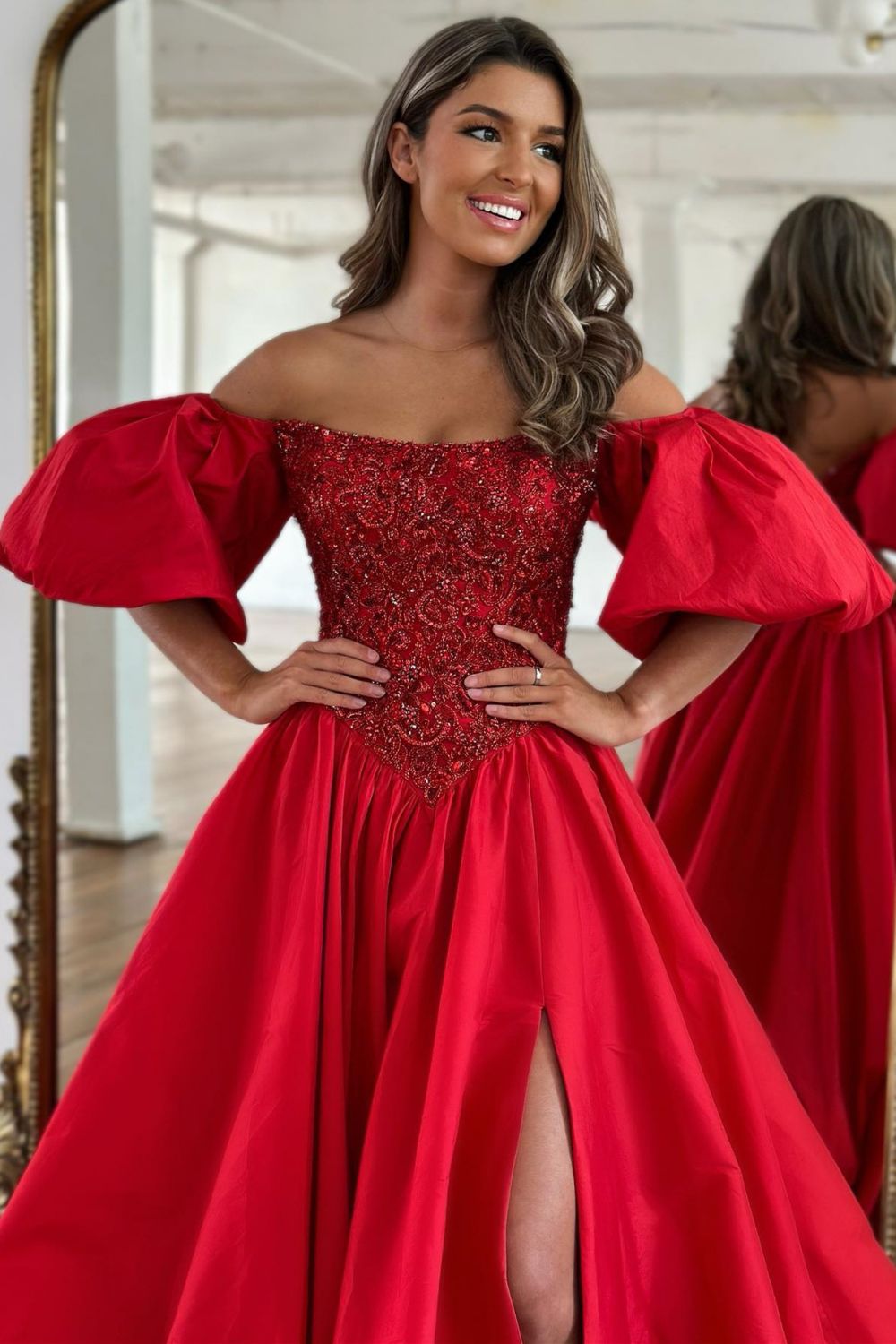 A-Line Off The Shoulder Puff Sleeves Long Red Satin Prom Dress With Split