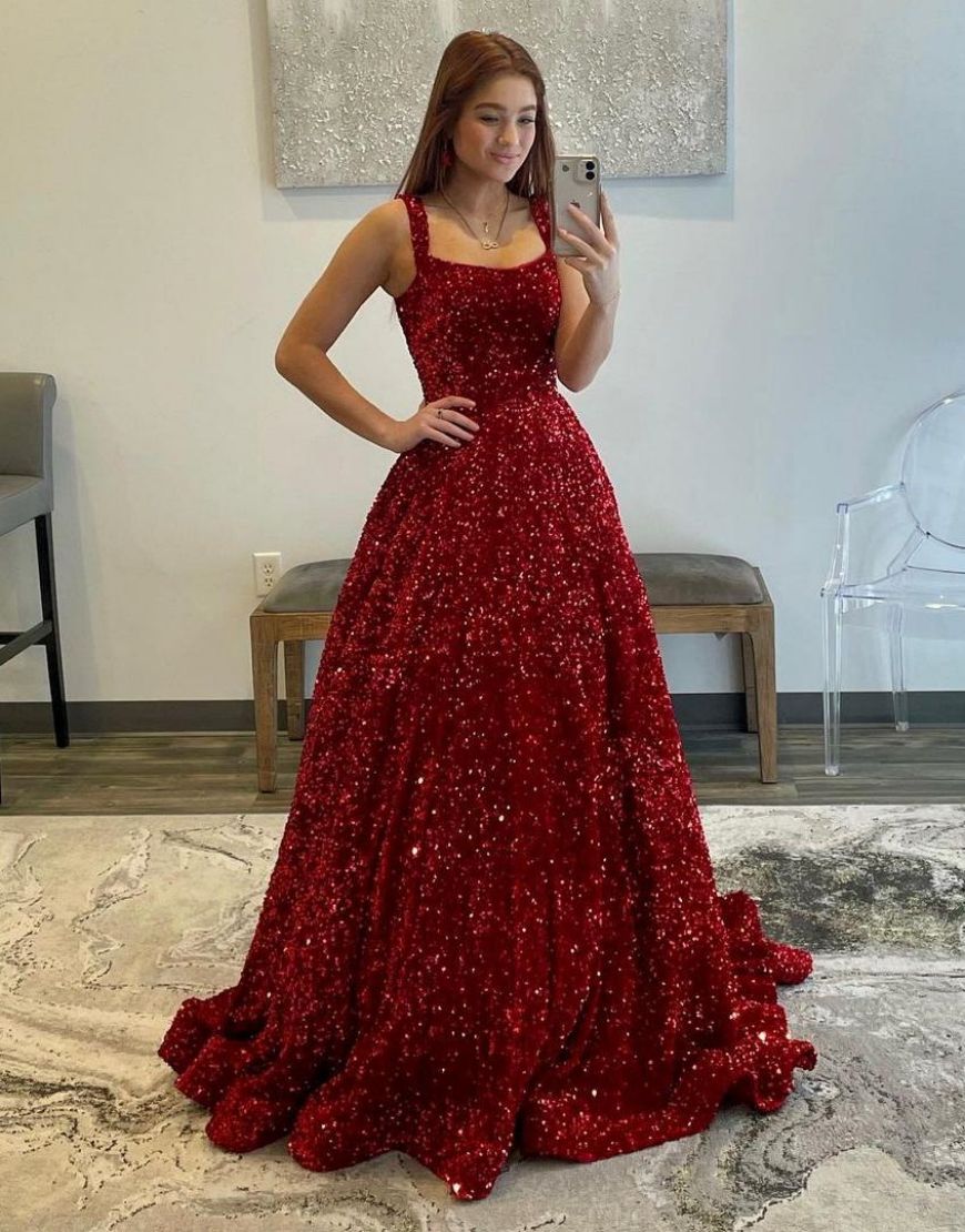 Red A-Line Shoulder Straps Long Sequin Prom Dress