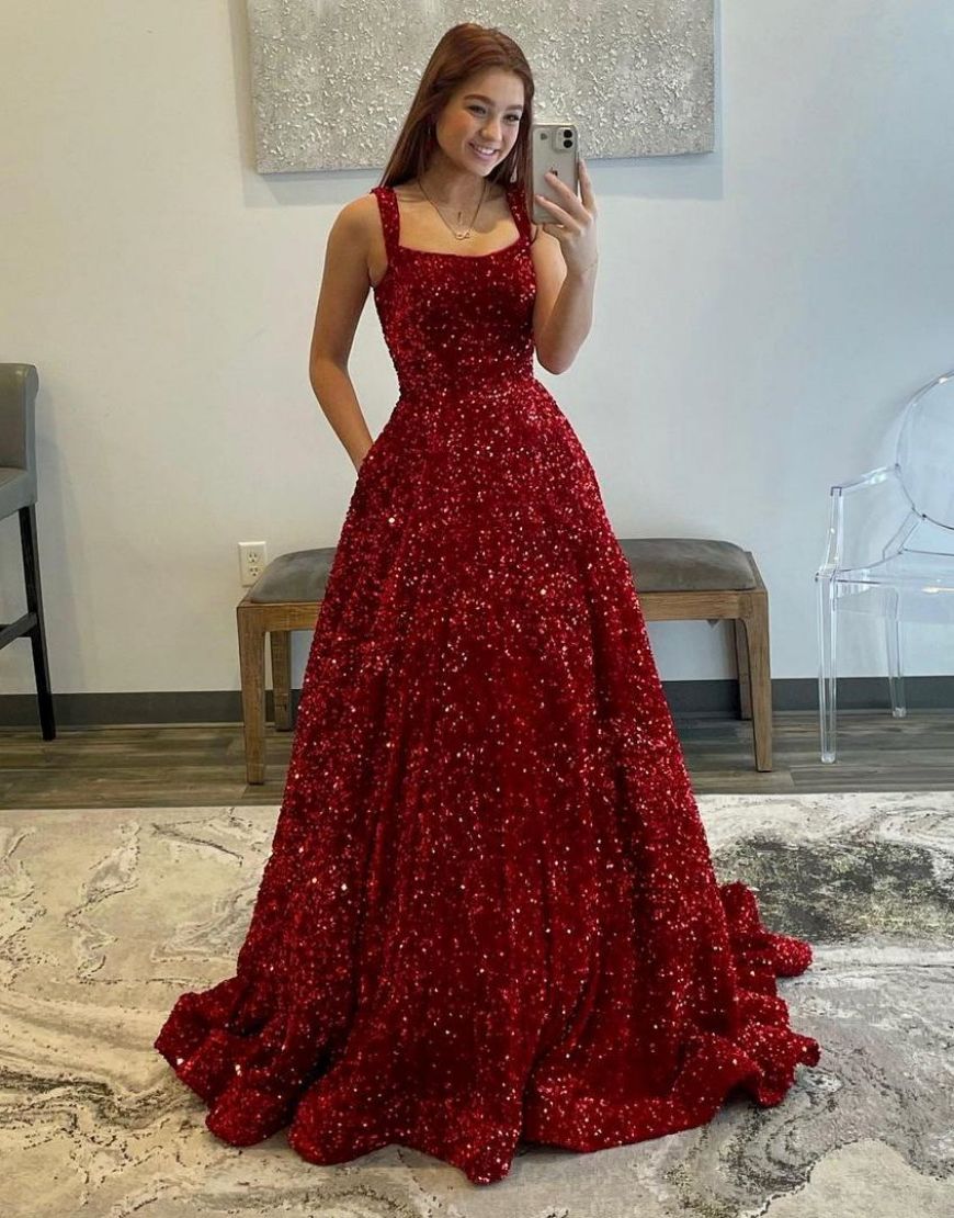 Red A-Line Shoulder Straps Long Sequin Prom Dress