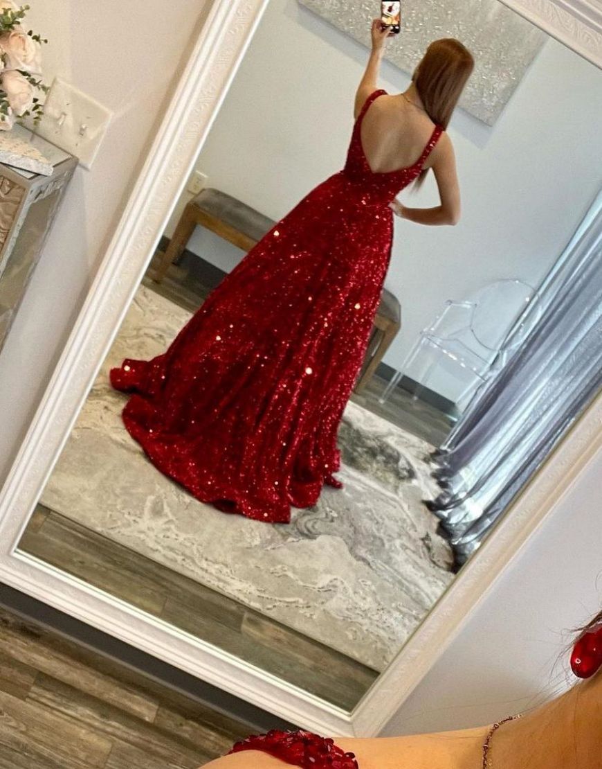 Red A-Line Shoulder Straps Long Sequin Prom Dress