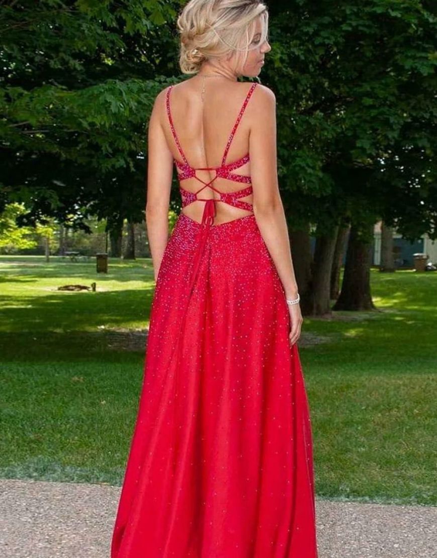 Red A-Line Spaghetti Straps Glitter Prom Dress With Split