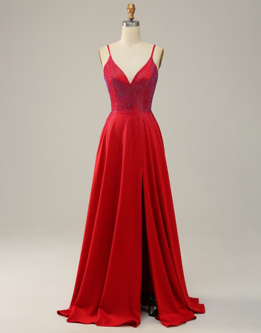 Red A-Line Spaghetti Straps Glitter Prom Dress With Split