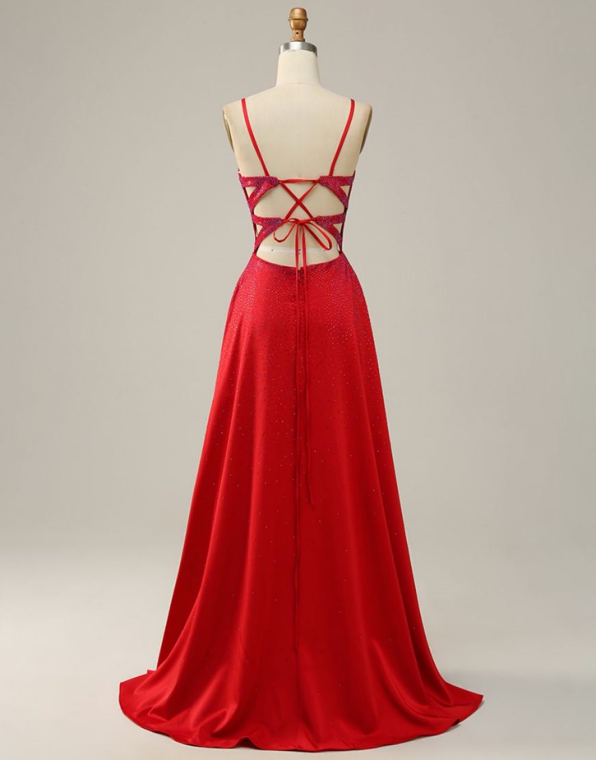 Red A-Line Spaghetti Straps Glitter Prom Dress With Split