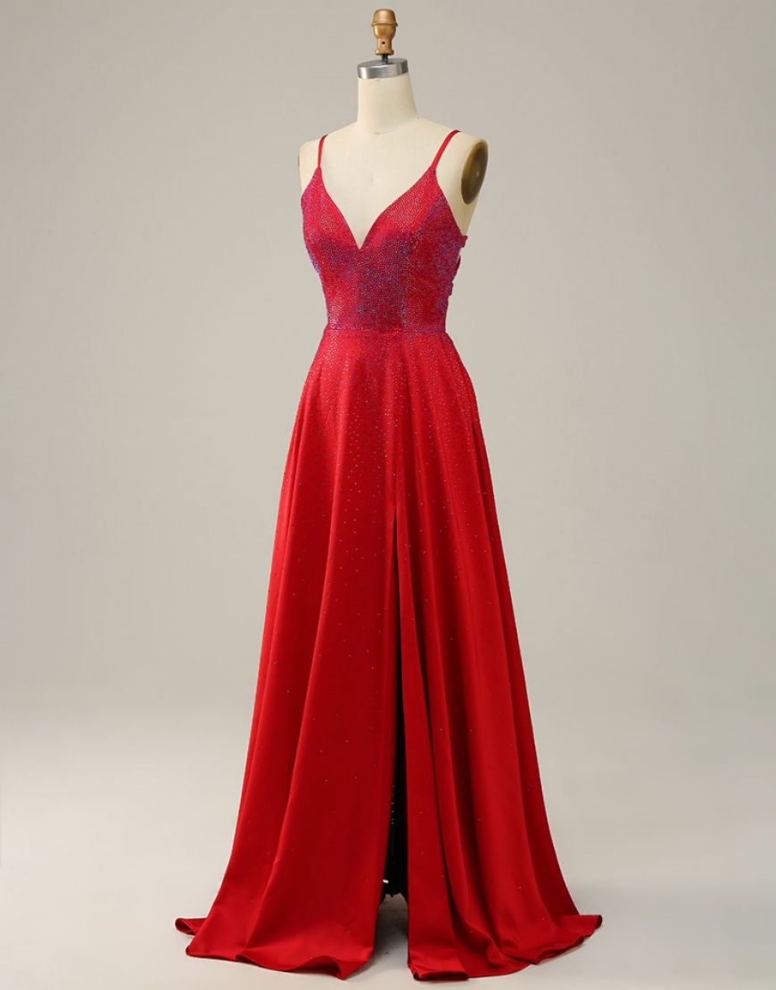 Red A-Line Spaghetti Straps Glitter Prom Dress With Split