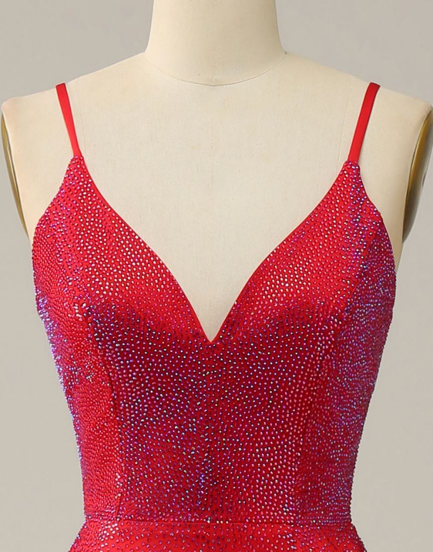 Red A-Line Spaghetti Straps Glitter Prom Dress With Split