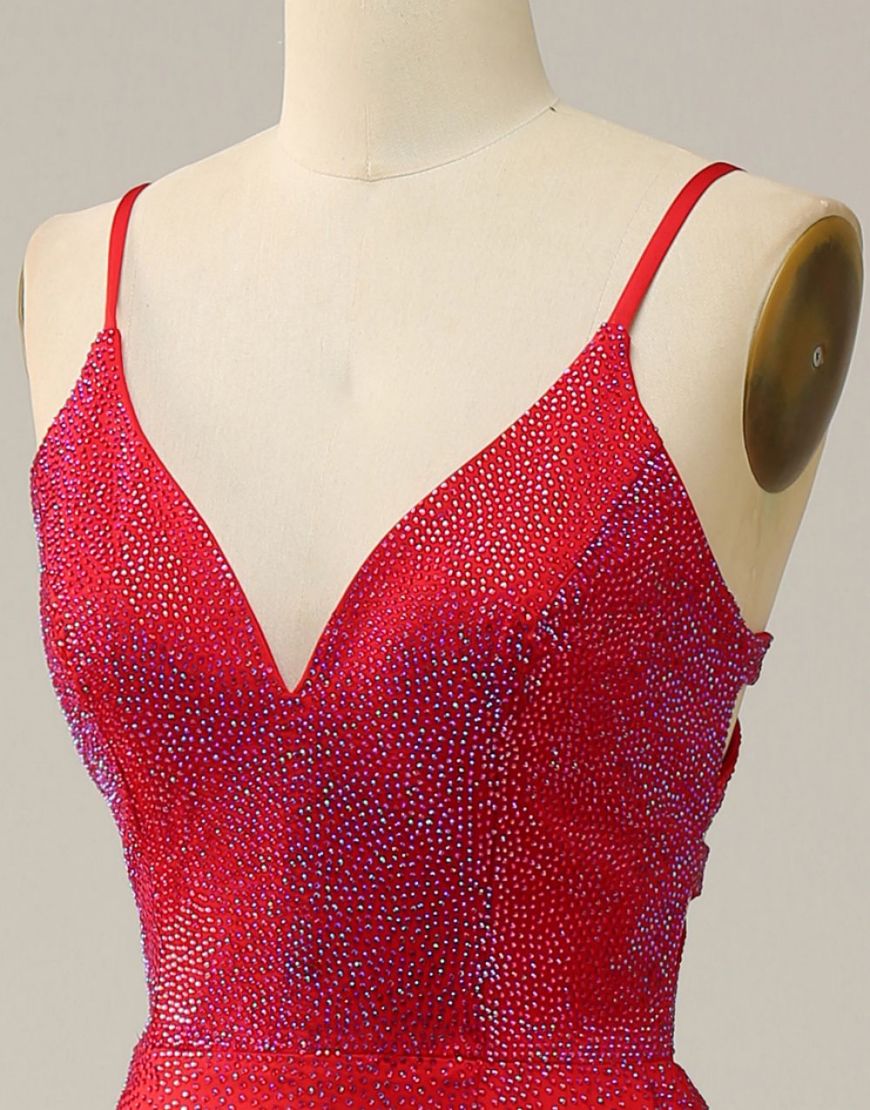 Red A-Line Spaghetti Straps Glitter Prom Dress With Split