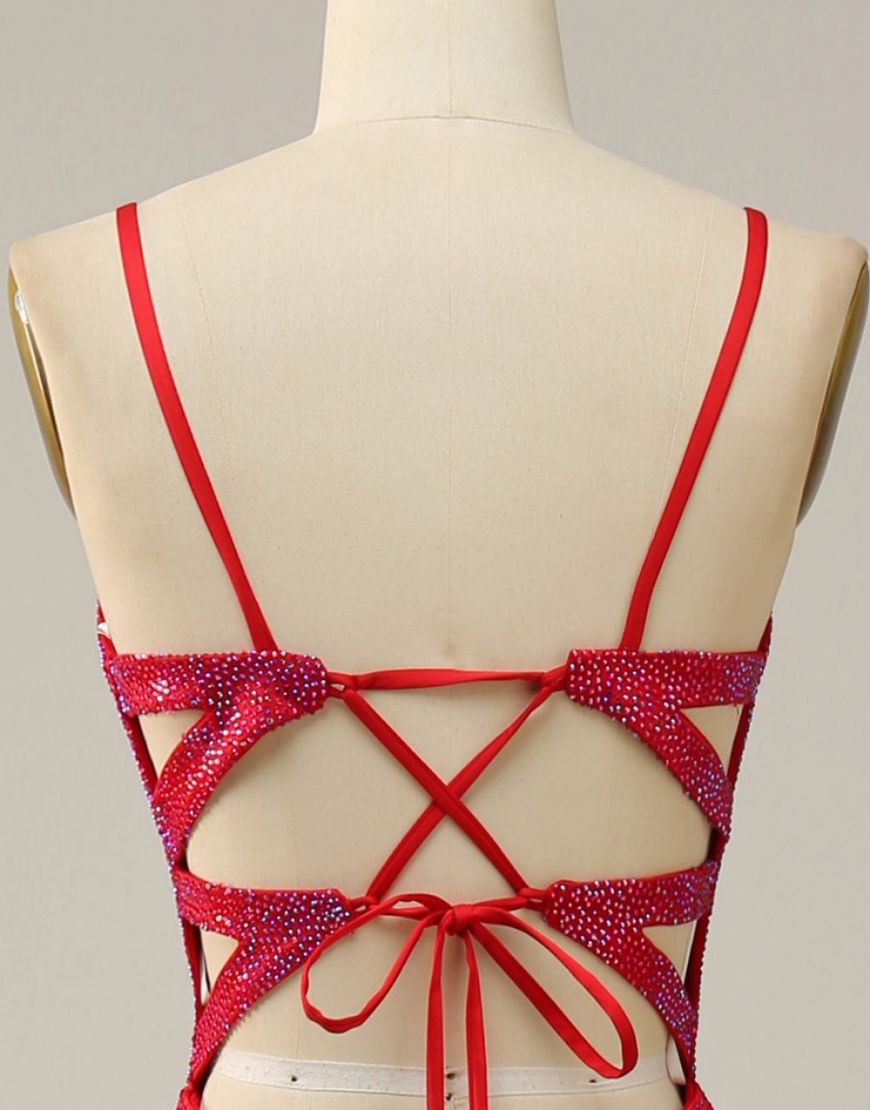 Red A-Line Spaghetti Straps Glitter Prom Dress With Split
