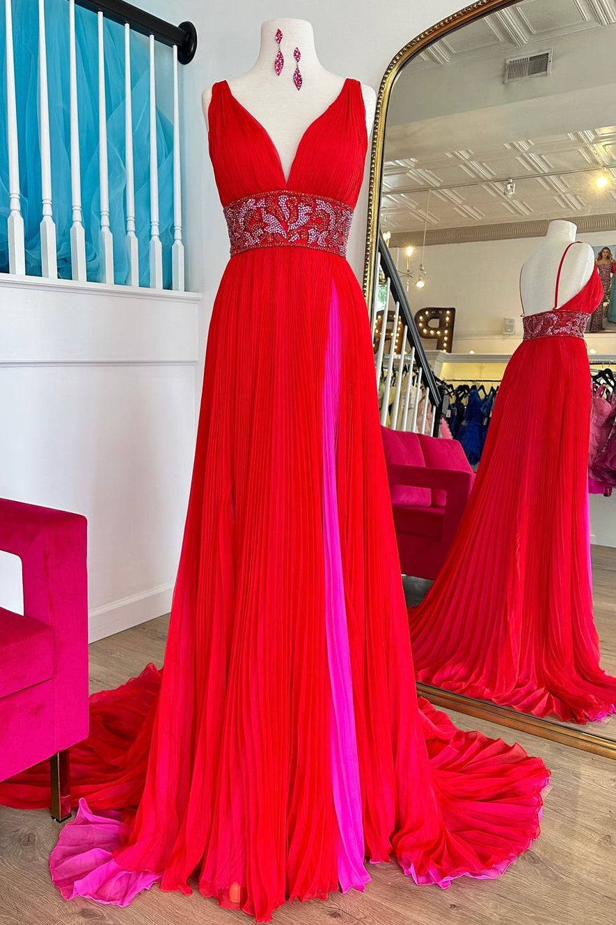Red A-Line V-Neck Court Train Prom Dress with Beaded Belt and Slit