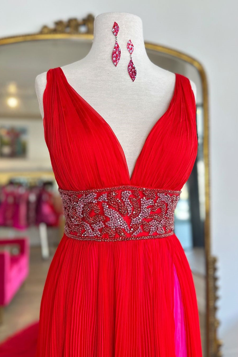 Red A-Line V-Neck Court Train Prom Dress with Beaded Belt and Slit
