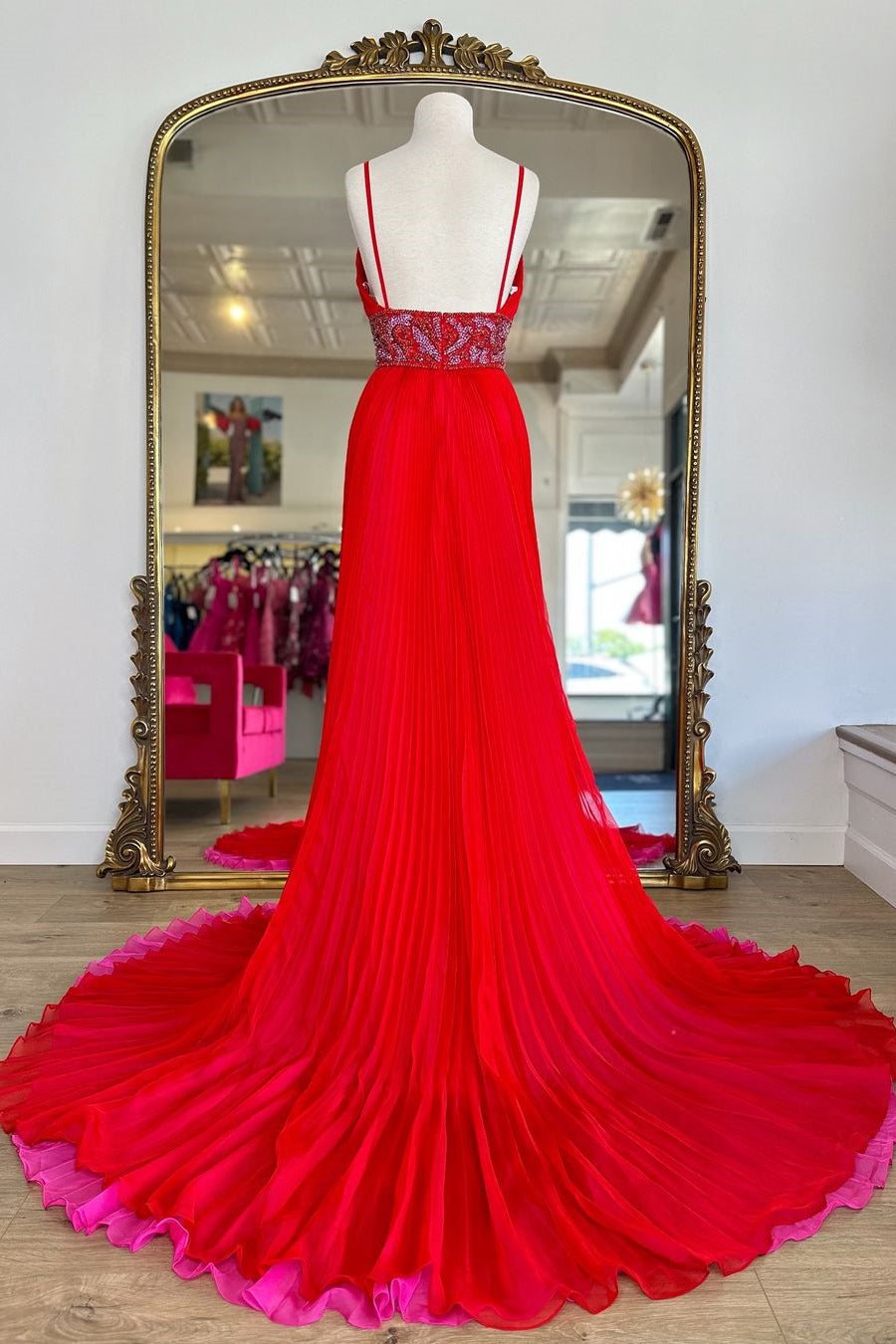 Red A-Line V-Neck Court Train Prom Dress with Beaded Belt and Slit