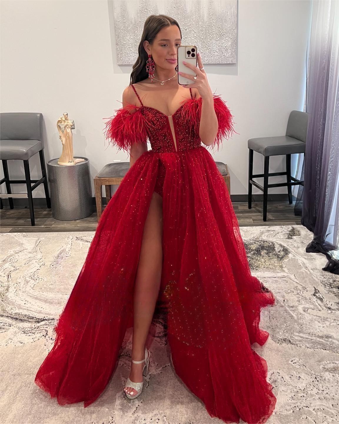 Red A-line Off The Shoulder Glitter Prom Dress With Split