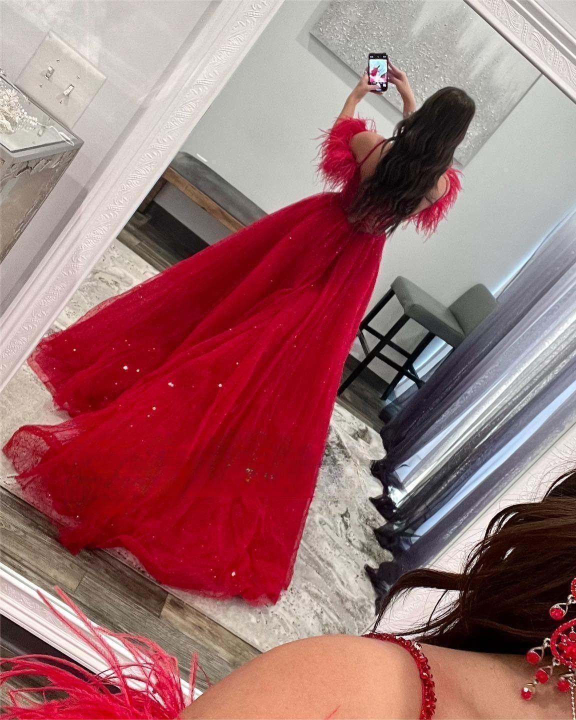 Red A-line Off The Shoulder Glitter Prom Dress With Split