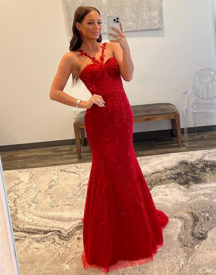 Red Mermaid Spaghetti Straps Long Lace Prom Dress