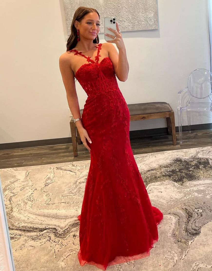 Red Mermaid Spaghetti Straps Long Lace Prom Dress
