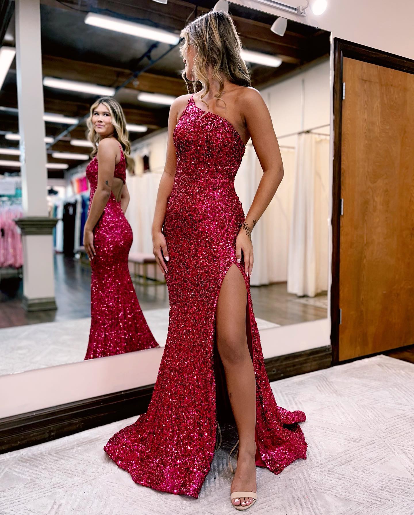 Red One Shoulder Mermaid Glitter Prom Dress With Split