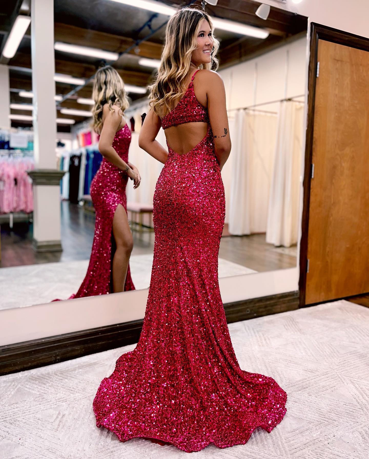 Red One Shoulder Mermaid Glitter Prom Dress With Split