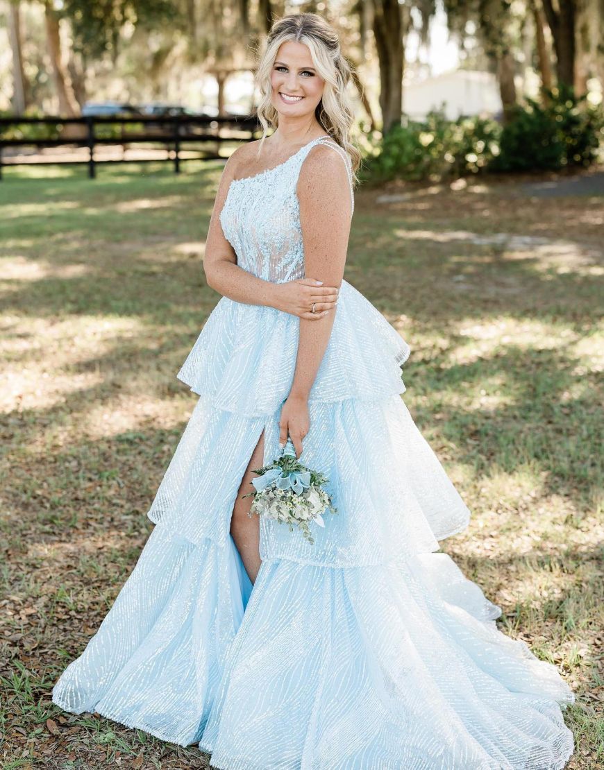 Romantic A-Line One Shoulder Layered Prom Dress With Split