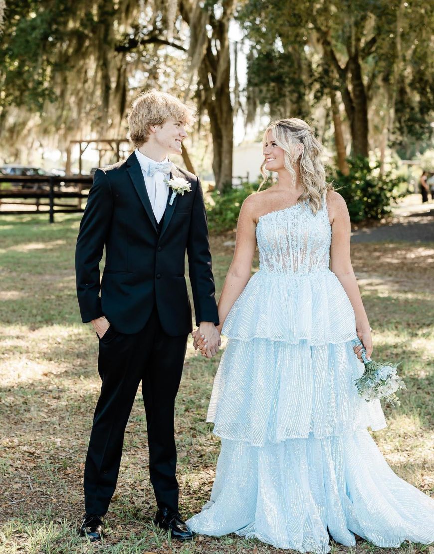 Romantic A-Line One Shoulder Layered Prom Dress With Split