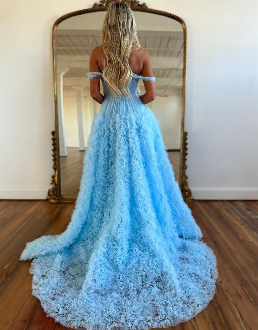 Romantic A-Line Tiered Off The Shoulder Prom Dress With Split