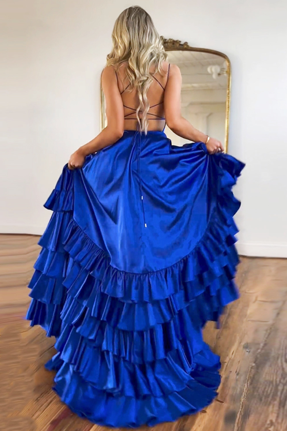 Royal Blue A-Line Spaghetti Straps Lace Up Long Tiered Prom Dress With Split