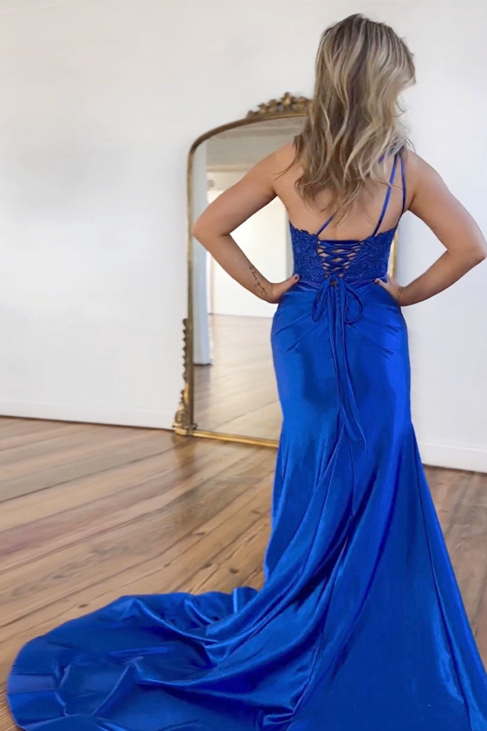 Royal Blue Mermaid One Shoulder Lace Up Long Satin Prom Dress With Split