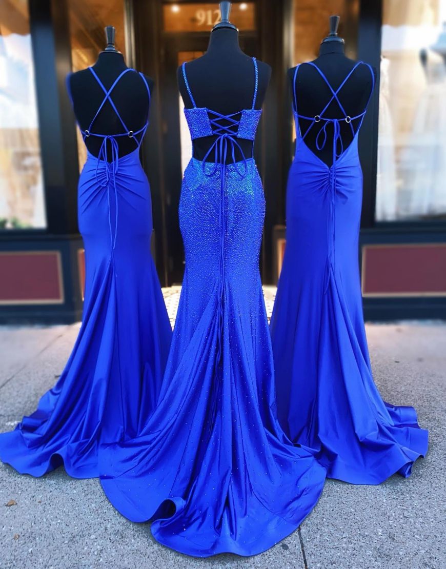 Royal Blue Mermaid Spaghetti Straps Sweep Train Long Prom Dress