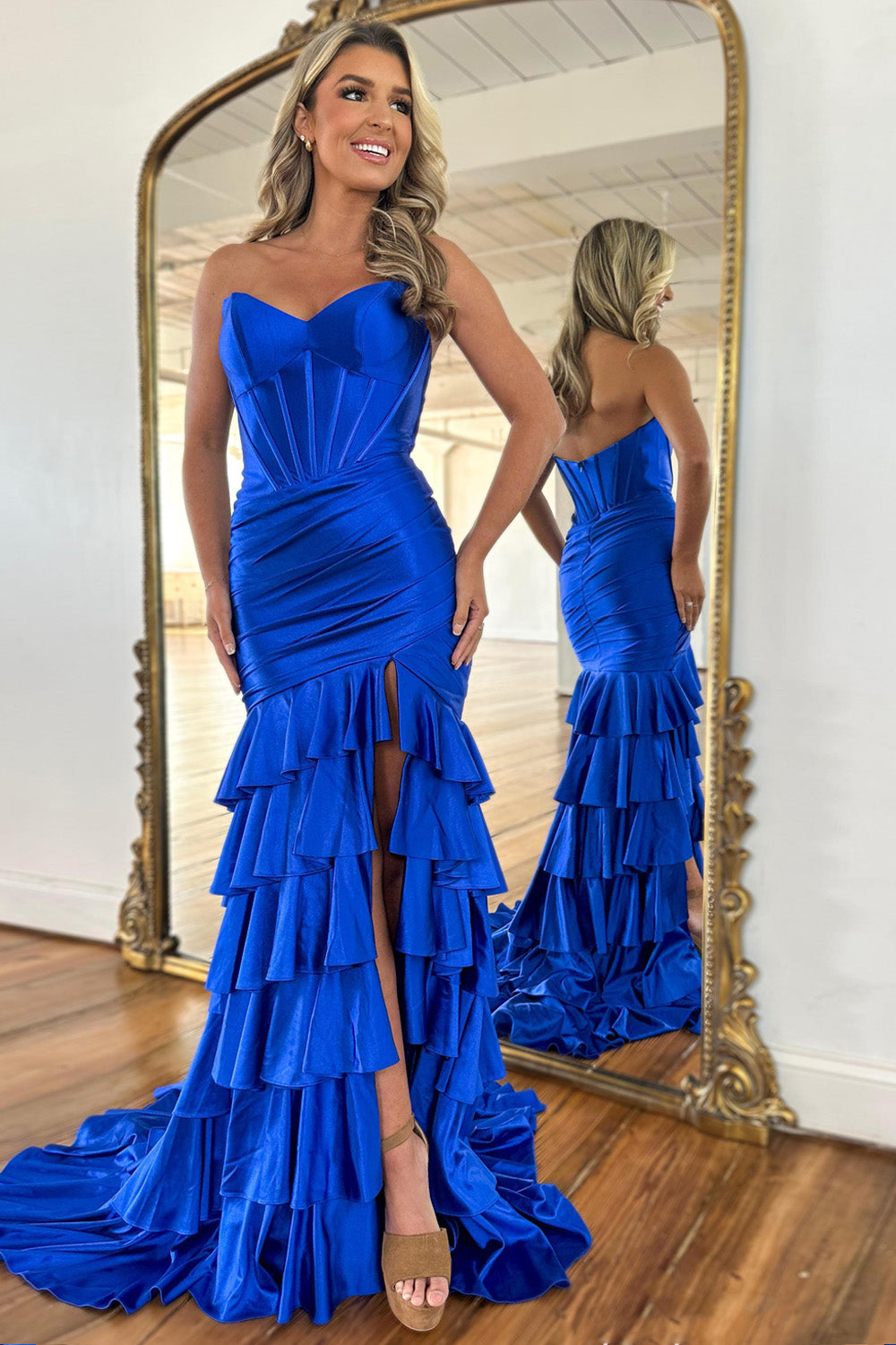 Royal Blue Mermaid Strapless Long Ruffle Satin Prom Dress with Slit