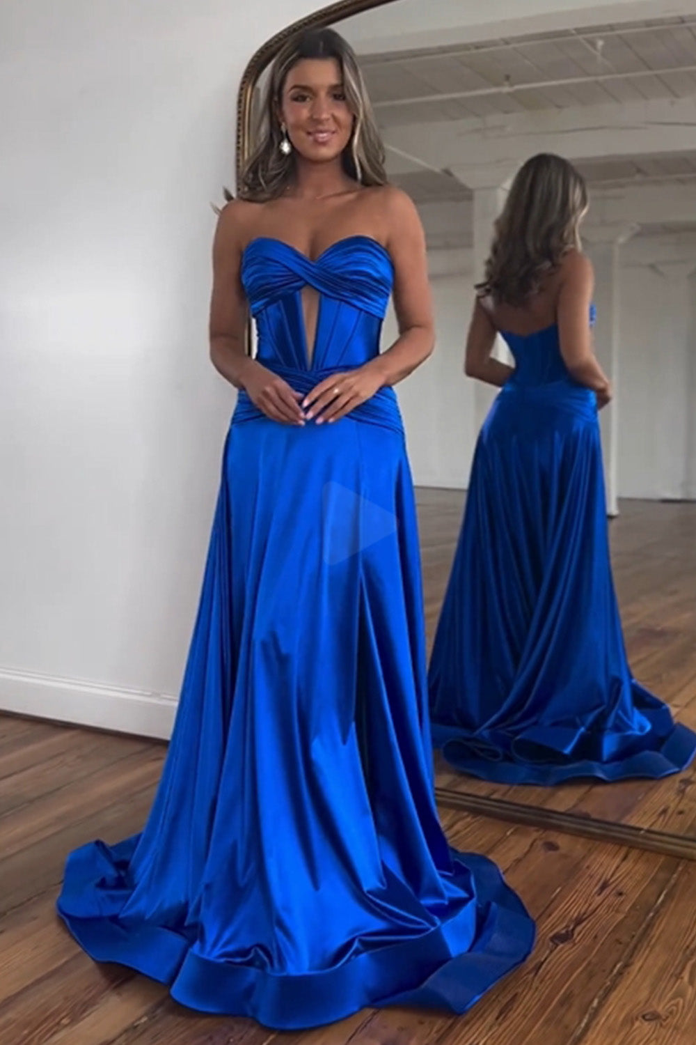 Royal Blue Sweetheart Zipper Back Long Satin Prom Dress With Split