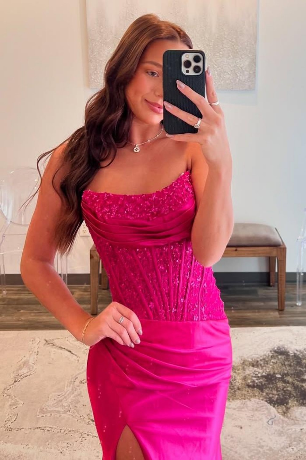 Sparkly Red Mermaid Strapless Long Prom Dress with Slit