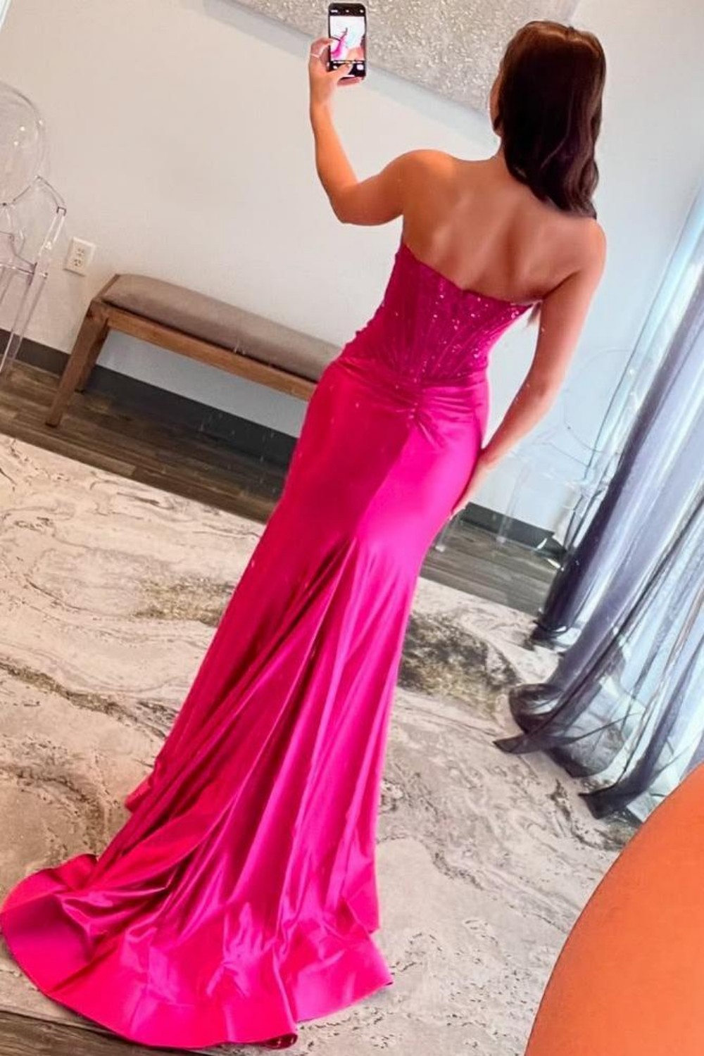 Sparkly Red Mermaid Strapless Long Prom Dress with Slit
