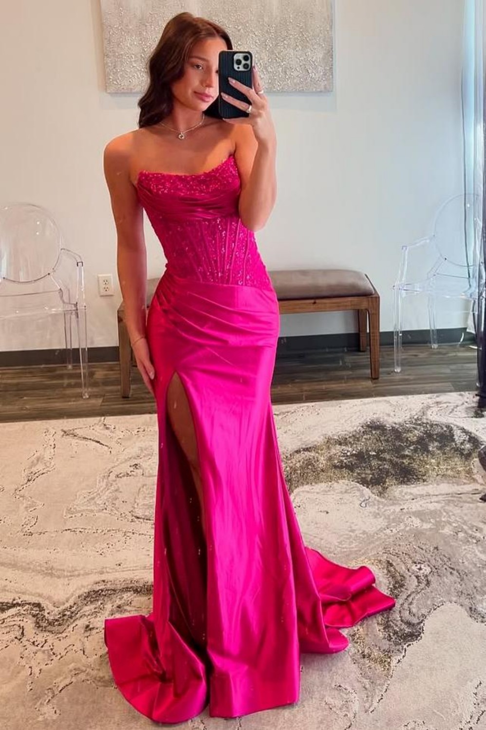 Sparkly Red Mermaid Strapless Long Prom Dress with Slit