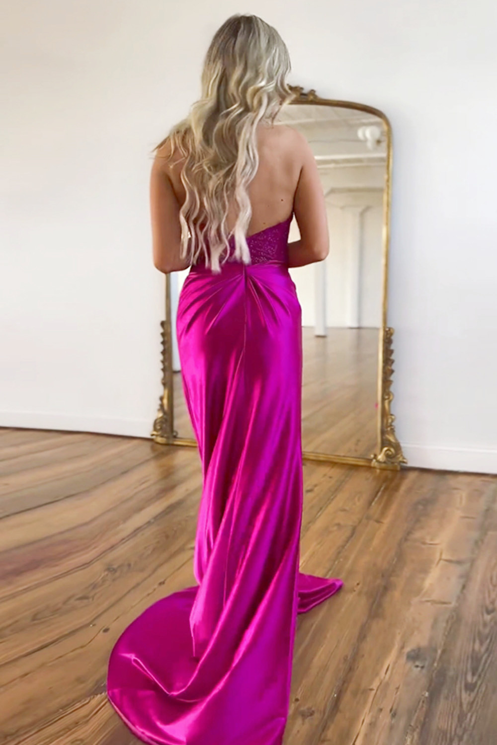 Sexy Fuchsia Deep V-Neck Mermaid Long Satin Prom Dress With Slit