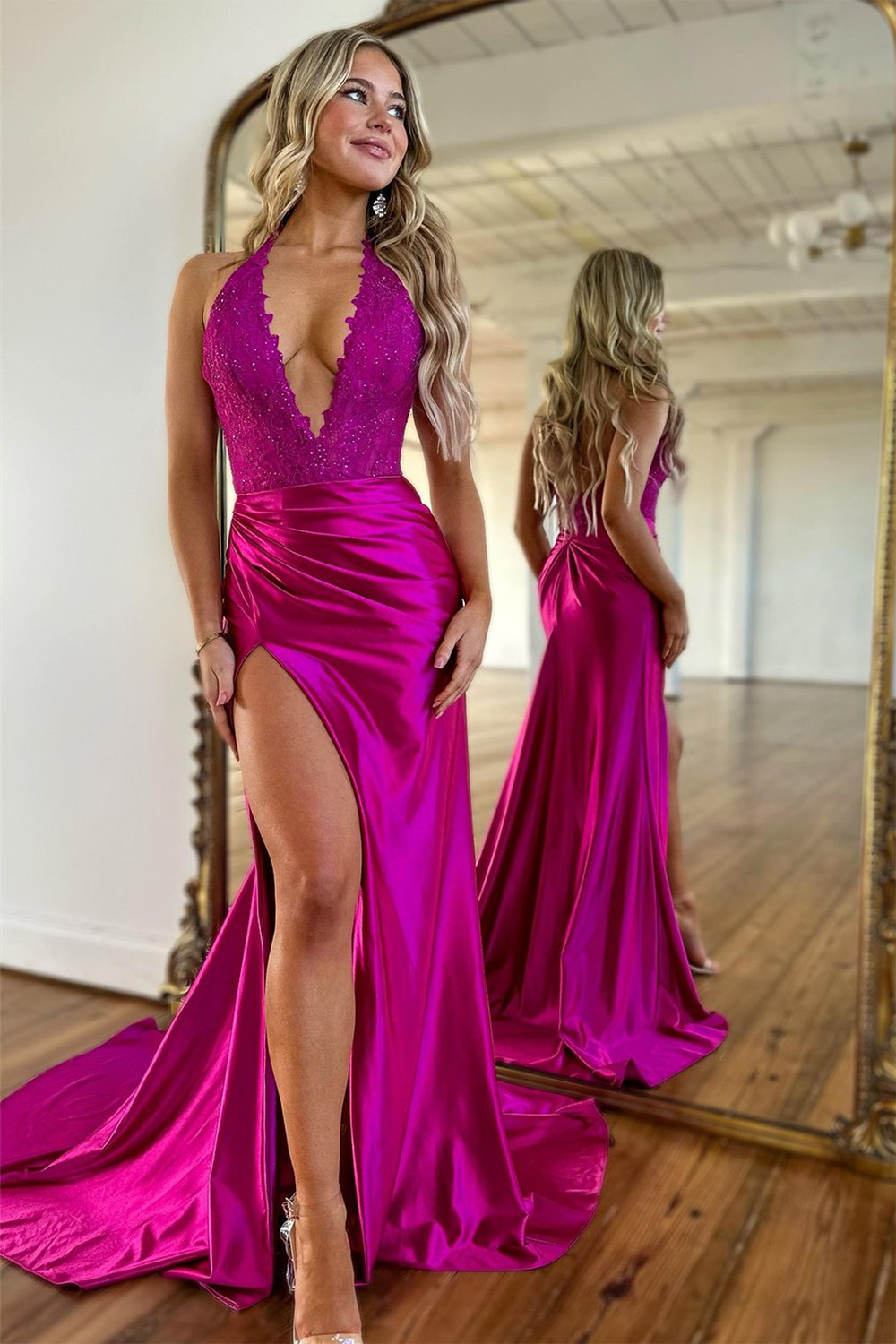 Sexy Fuchsia Deep V-Neck Mermaid Long Satin Prom Dress With Slit