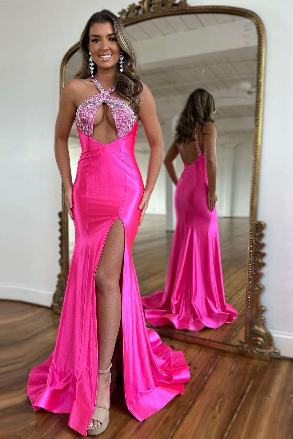 Sexy Fuchsia Mermaid Long Satin Prom Dress With Beading And Slit