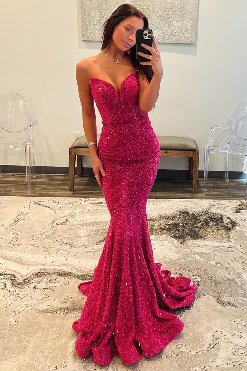 Sexy Glitter Fuchsia Mermaid Strapless Long Sequin Prom Dress